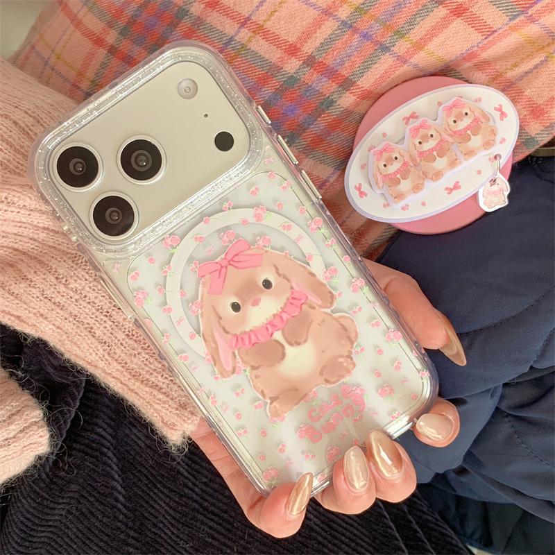 New 2026 Cute Floral Bunny Magnetic Phone Case For iPhone 17 16 15 14 Pro Max Bling Lens Pink Purple Clear Shockproof Cover For
