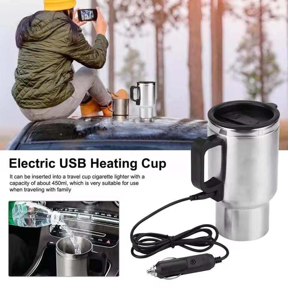 Electric Heating Car Kettle 12V 450ml Vehicle Heating Cup Stainless Steel Camping Travel Kettle Water Coffee Milk Thermal Mug