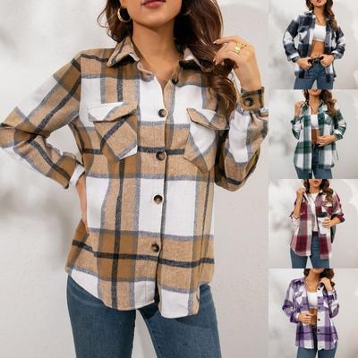 Fashion Women's  Casual Loose Grinding Wool Plush Plaid Long-sleeved Shirt Jacket