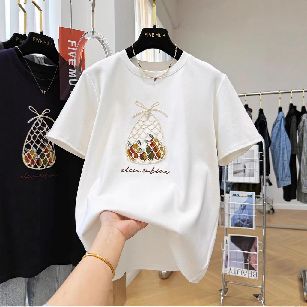 Women's Plus Size Heavy Duty Pineapple Embroidery Short Sleeve Fleece T-shirt for Spring/Summer