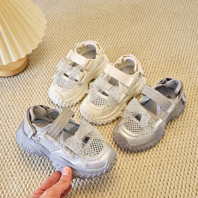 Kids Sports Sandals Casual Mesh Breathable Girls Princess Shoes Shiny Lace Bow 2025 Summer Children Running Shoes Non-slip Trend
