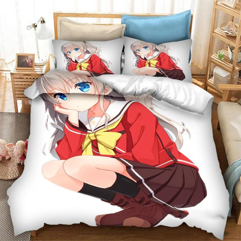 3 Stück einseitig bedruckte Bettbezüge Anime Charlotte bedruckte Bettwäsche-Sets Bequeme Tagesdecken Steppdecken Bettdecken Geburtstagsgeschenk