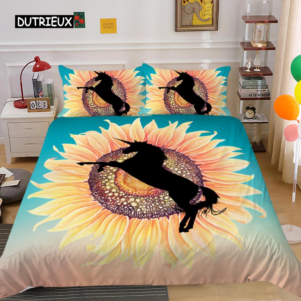 Husă de plapumă Rege Regină Unicorn Desen animat Animal Curcubeu Univers Set de lenjerie de pat pentru copii Adolescenți Cosmic Cer înstelat Poliester Husă de plapumă