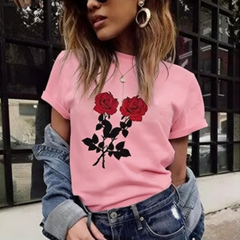 Crew Neck Short Sleeve Red Rose Print T Shirt Women's Outfits Casual Streetwear Fashion Lady Loose Clothing Woman T-shirts Tops