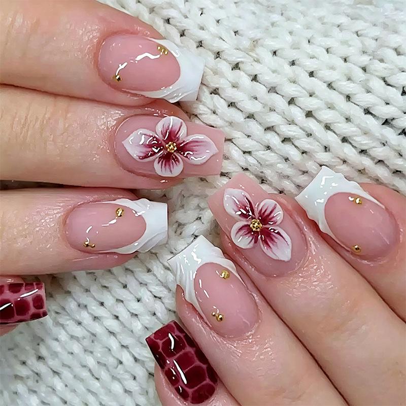 24-Piece Pink French Medium Tube Nail Tips with 3D Flowers & Leopard Print