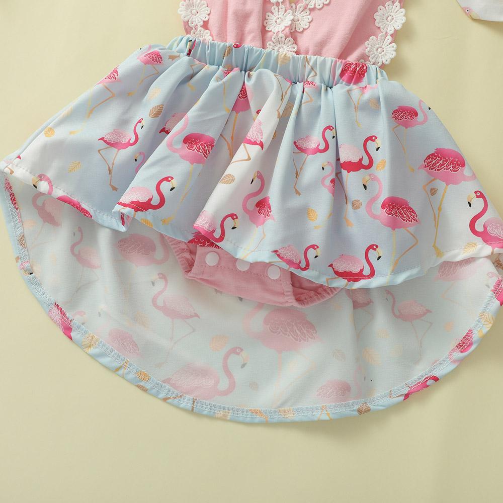 2 st Spädbarn Baby Flicka Rygglös Flamingo Romper Rem Jumpsuit Klänning +Hårband