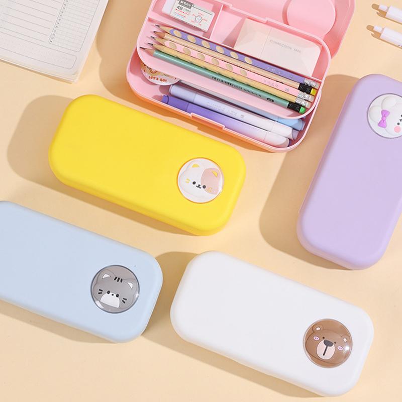 Kawaii Morandi Simple Pencil Case Student Large Capacity Double-Layer Pencil Case Cartoon Stationery Organizer School Supplies