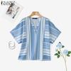 ZANZEA Women Summer V-Neck Loose Irregular Stripe Short Sleeve Blouse