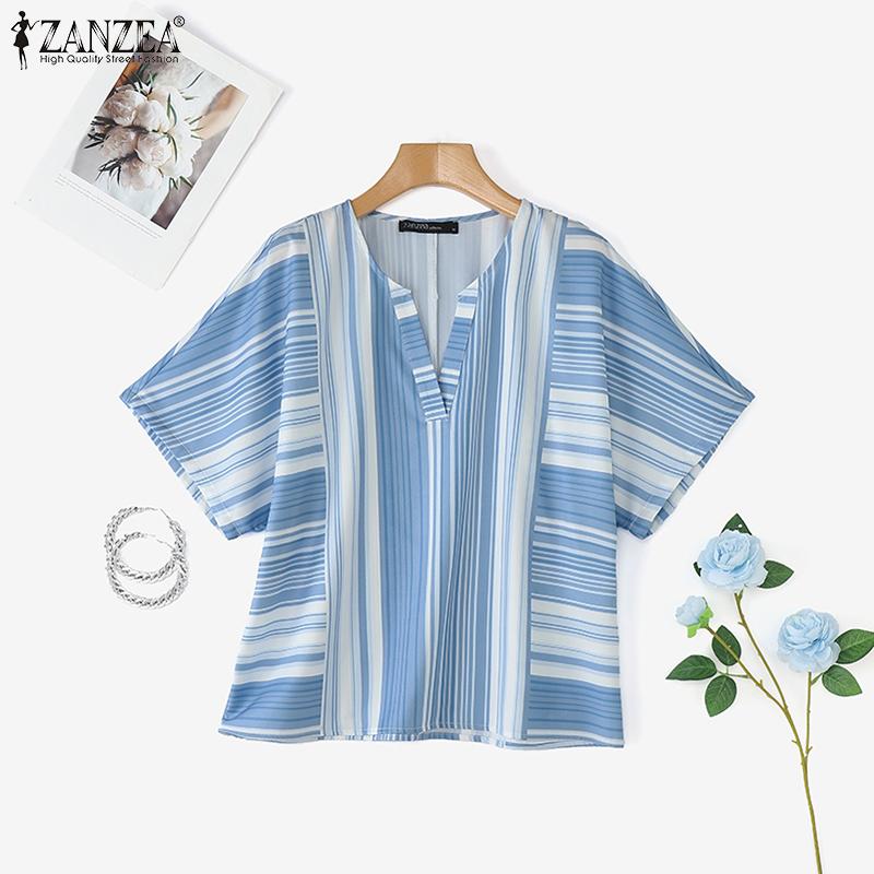ZANZEA Women Summer V-Neck Loose Irregular Stripe Short Sleeve Blouse