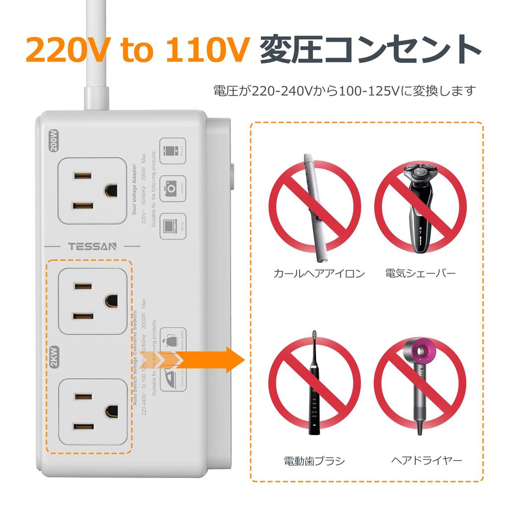 Transformer for International Korea 220V to TESSAN International Transformer with SE Type Plug Extension International Outlet Conversion L Worldwide 3