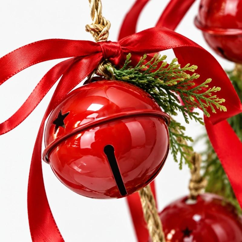 Iron Christmas Bell Ornament, Three Staggered Bells with Ribbon and Pine-Look Trim for Wreath Holiday Displays