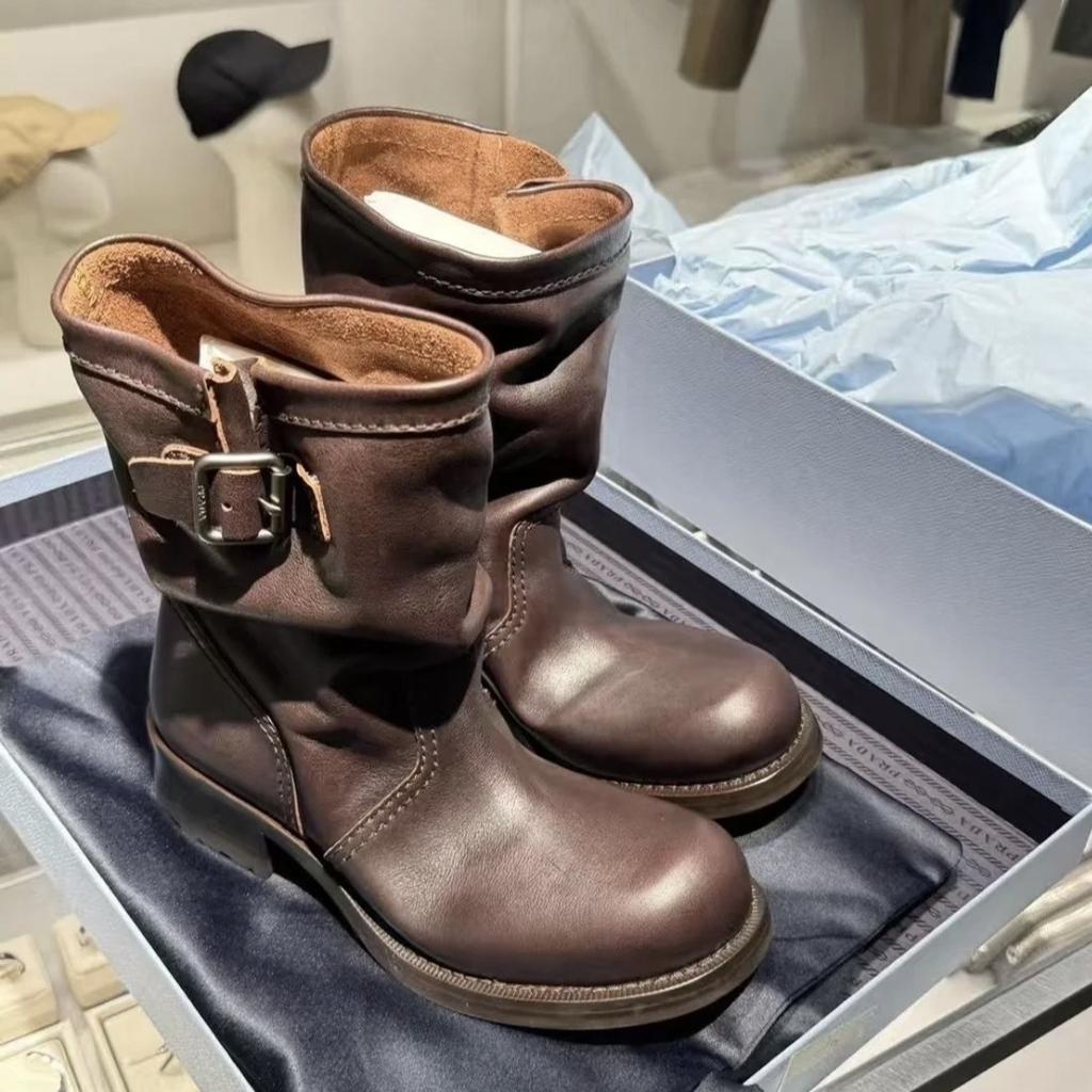 Retro New Thick Heel Handmade Pleated Medium Tube Boots Women's Versatile Thick-soled Stacking Boots Belt Buckle Sleeve Short