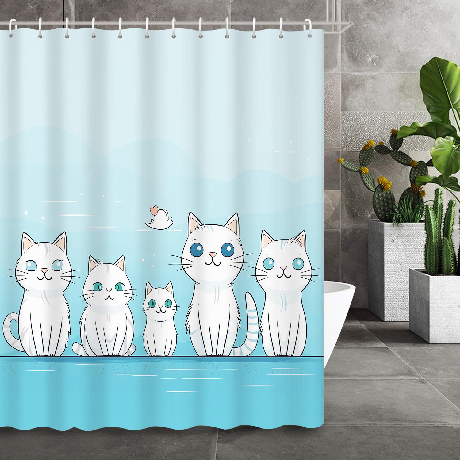 

Cute White Cat Family Shower Curtain – Blue Cartoon Design With Hooks, Adorable Whimsical Bathtub Cats For Bathroom Decor W60H190(CM)-1 Pcs