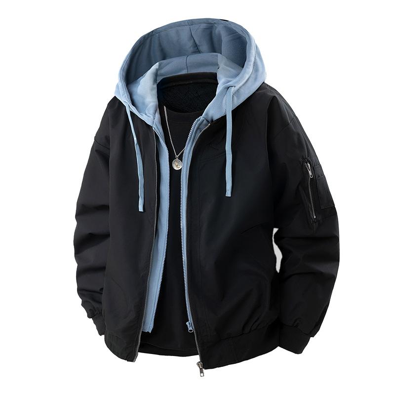 OO Fake Two-piece Jacket Men's Loose Trend Waterproof Outdoor Tooling Casual Solid Color Hooded Jacket