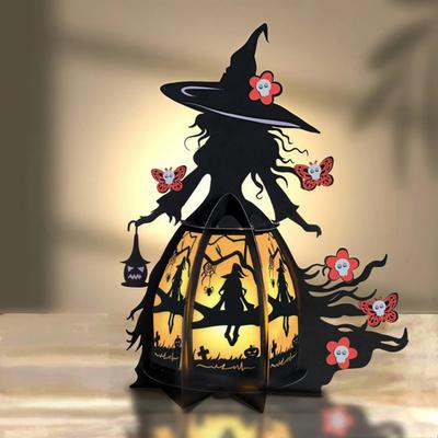 Yousheng Lampion Wiedźmy na Halloween 3D Straszny Lampion Podświetlana Dekoracja Stołu Gotycka Lampa Wiedźmy z Nietoperzem i Czaszką do Domu na Półkę Kominkową Stół w Przedpokoju