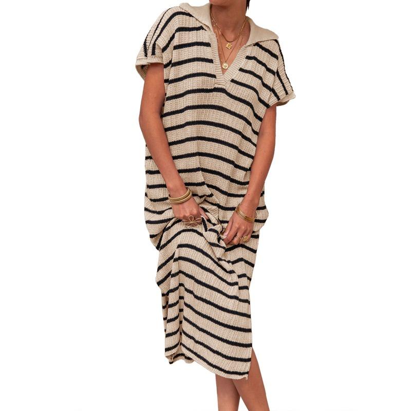 VEZFAA Women's Fashion Casual Summer Spring Stripe Print Short Sleeve POLO Neck Sweaters