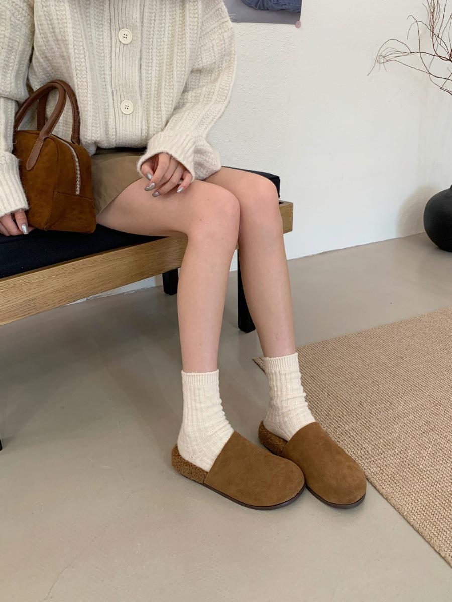 

Korean version of versatile matte bag head half slippers women s autumn velvet warm outer wear thick sole one pedal lazy bobo shoes 40 хаки