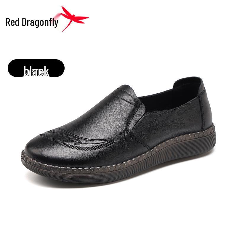 Red Dragonfly Women's Genuine Leather Flat Shoes - Soft Sole, Non-slip, Ideal for Middle-aged & Elderly in Spring and Autumn.