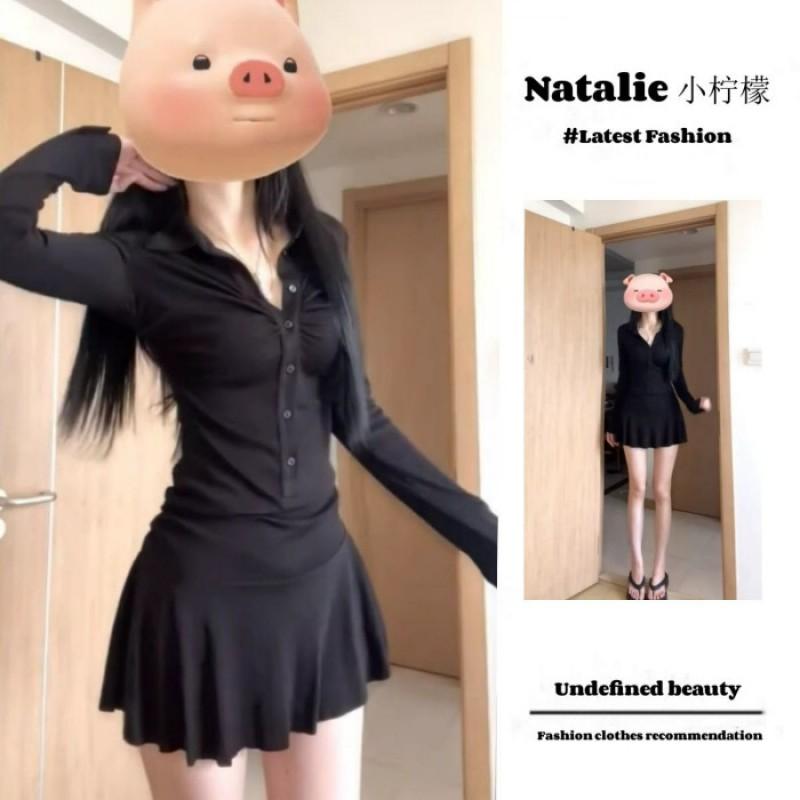 Black Long Sleeve A-Line Mini Dress With Button Detail Slim Fit Crew Neck Petite Women Small