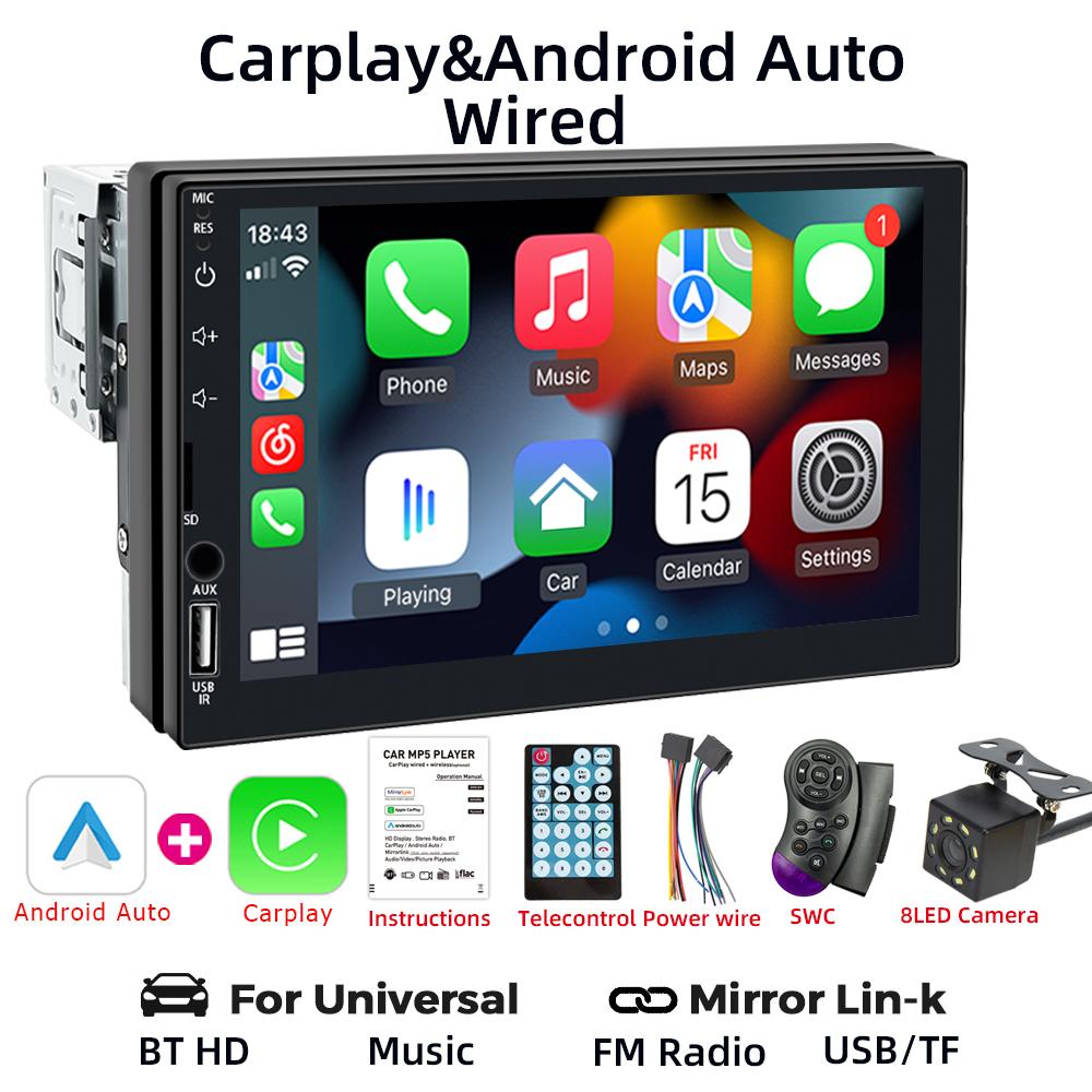 HIPPBQCC 7" Car Radio Carplay Android Auto 1 Din Multimedia Player HD Touch Screen FM AUX Input Bluetooth MirrorLink Universal
