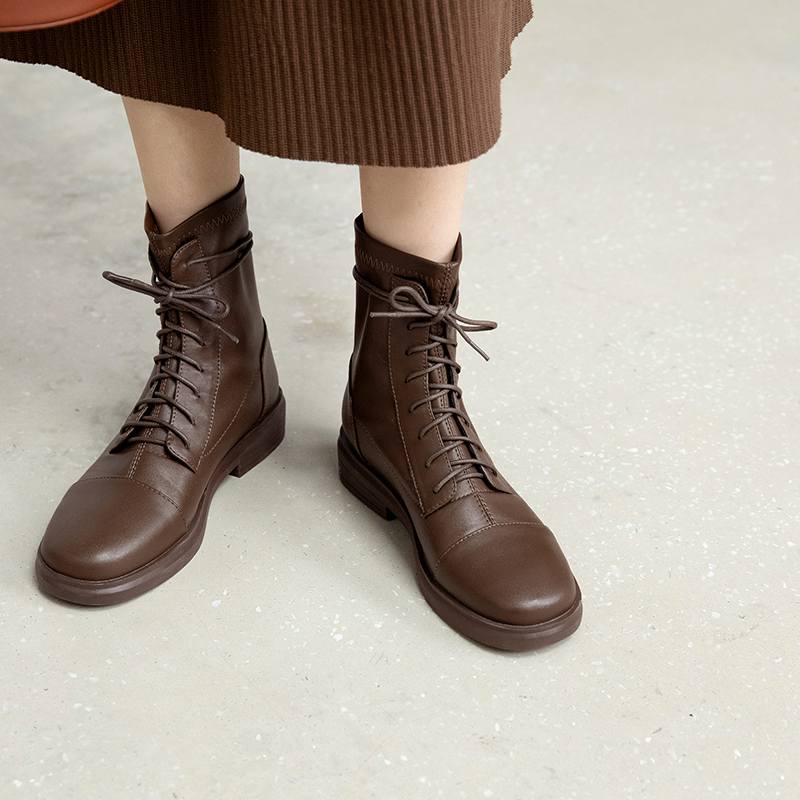 Krazing Pot Skórzane buty zimowe z okrągłym noskiem, grube, niskie obcasy, motocyklowe, damskie, sznurowane, duży rozmiar 43, botki