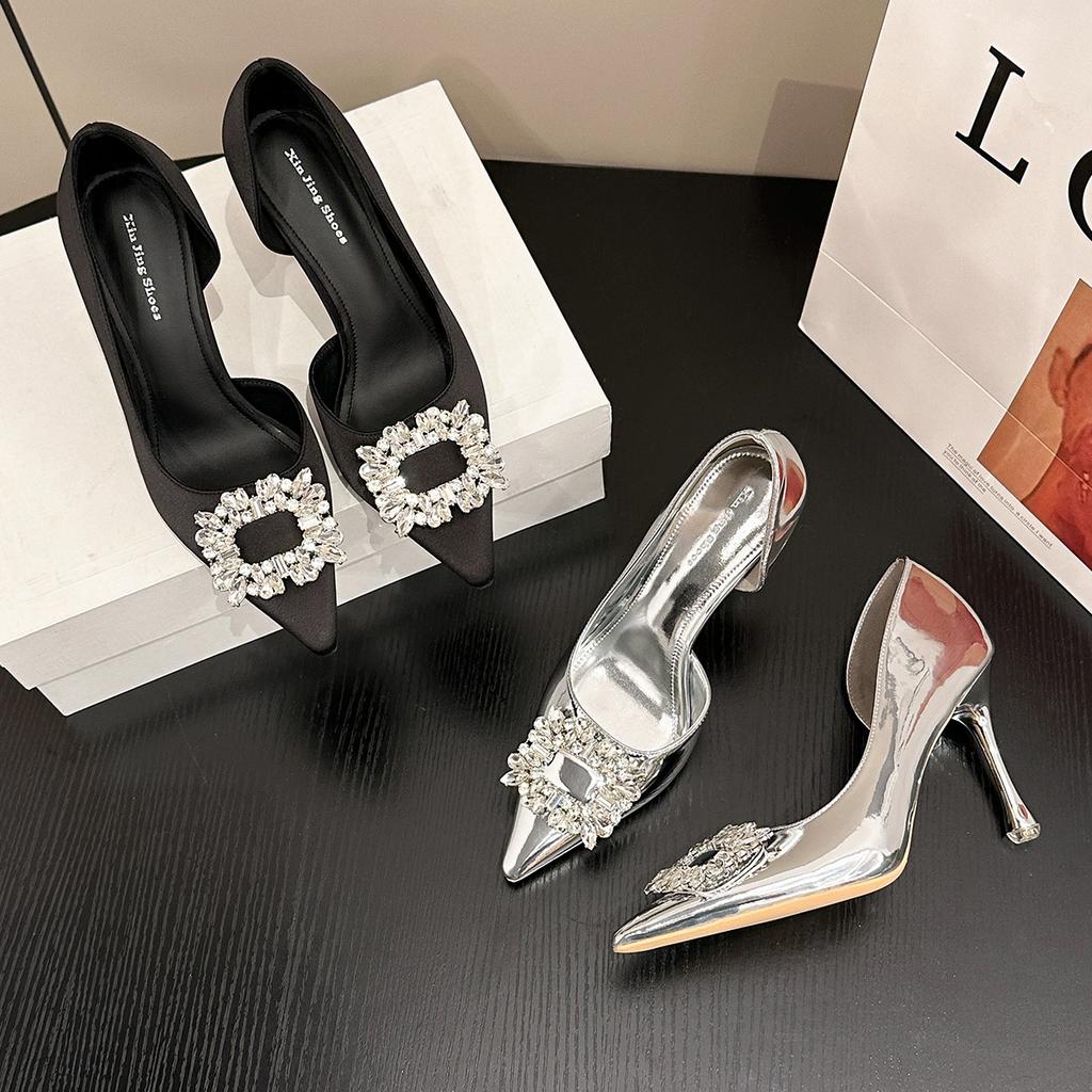 1366-3 Pure Desire Sexy High Heels Women Pointed 2025 Versatile Rhinestone Square Buckle Shallow Mouth Temperament Thin Heel Single Shoes Women