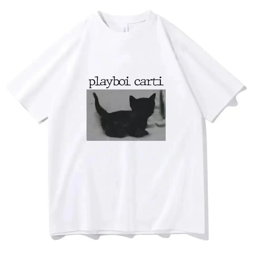 Playboi Carti Oversized Hip-Hop T Shirts Cute Cat Harajuku Print Tee Regular Mens Tops Quality Rapper Tshirt