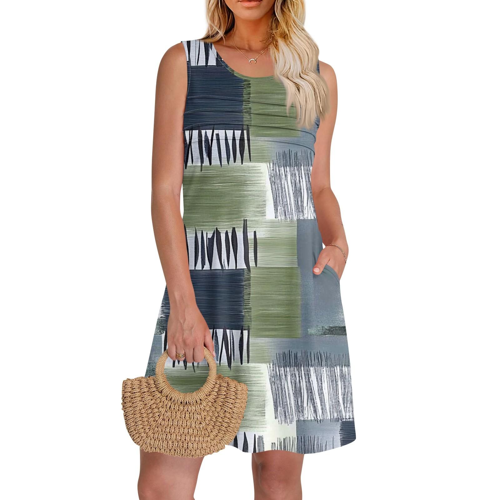 

Женские летние платья с круглым вырезом, плиссировкой спереди, без рукавов, карманами, сарафаном, повседневным платьем L армия зеленый