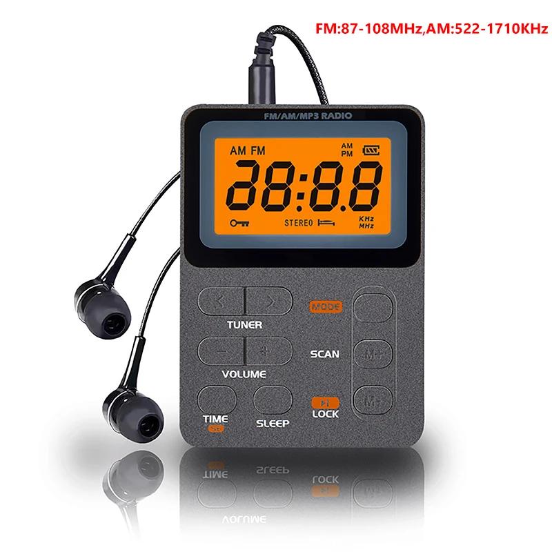 Lomme AM/FM-radio Bærbar LCD-skjerm Radiomottaker Mini MP3-spiller med øretelefon Universal Walkman-støtte TF Card Play