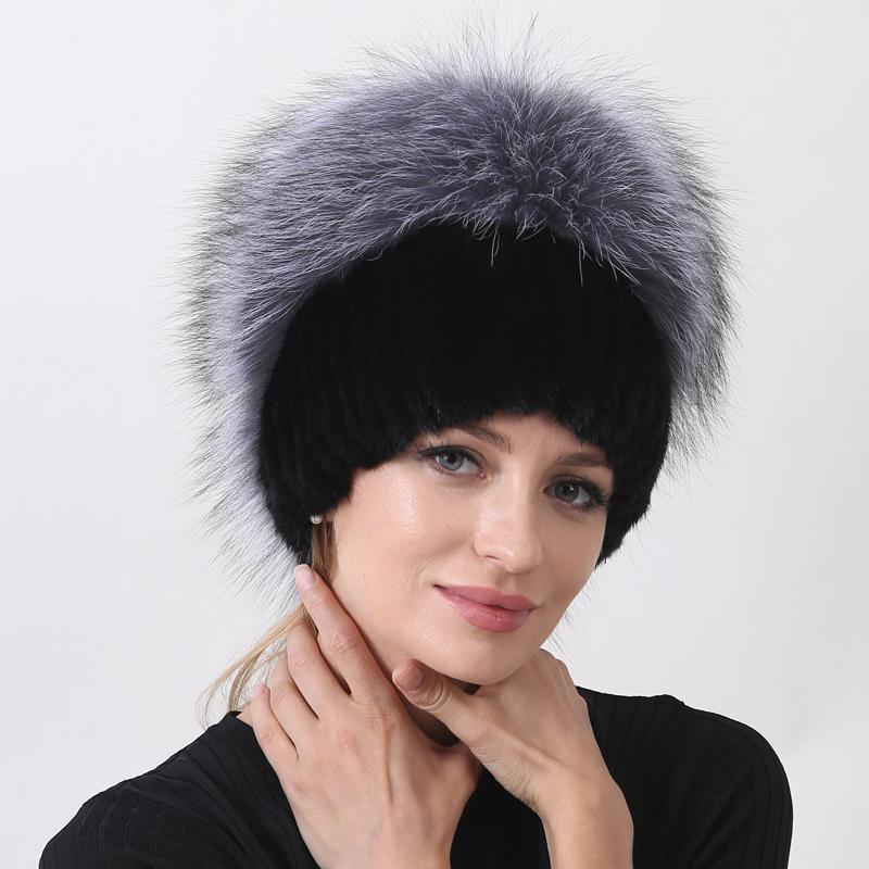 Women's Russian Winter Hat Genuine Fox & Mink Fur Knitted Beanie with Fleece Balls, Warm Trapper Cap for Cold Weather