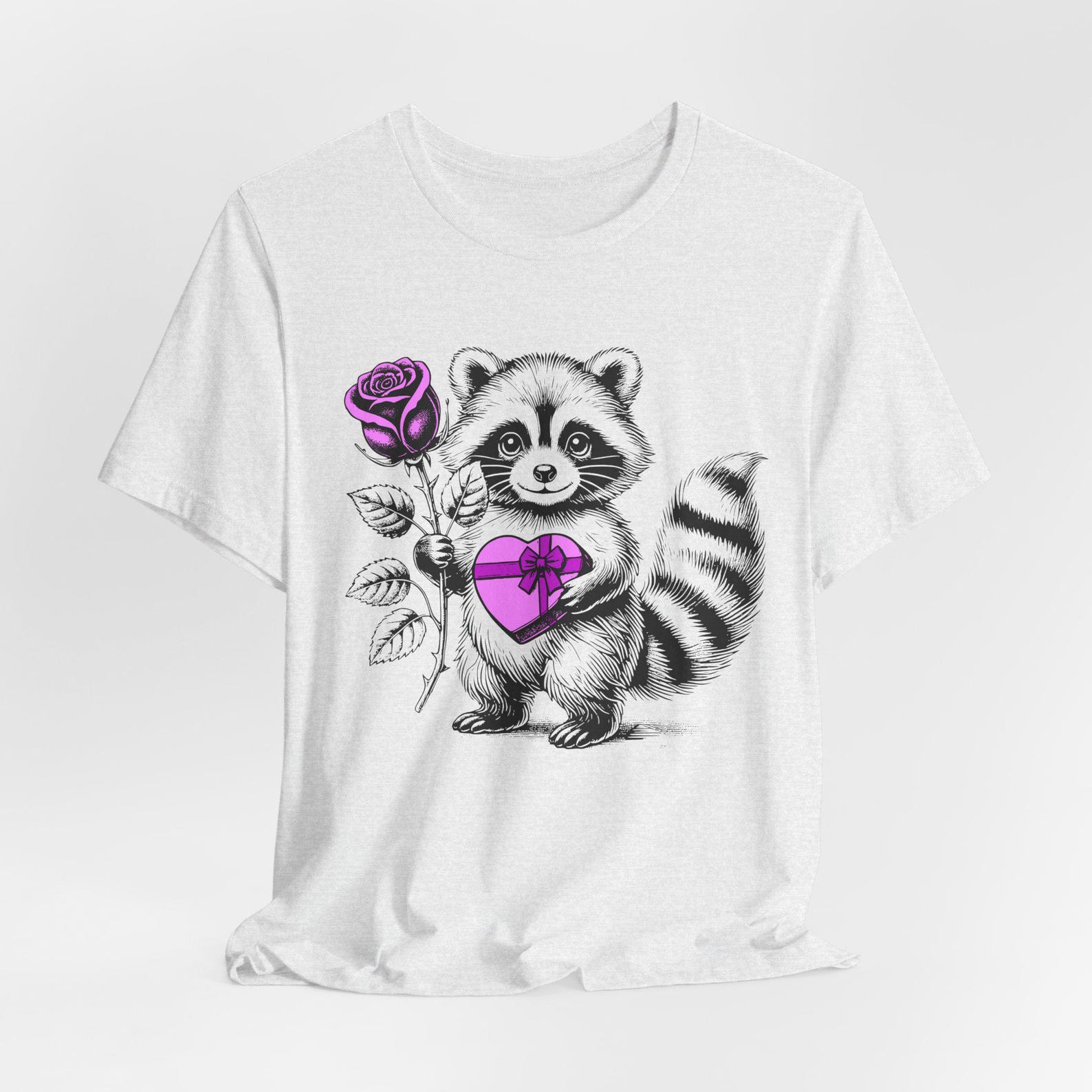 Raccoon Holding Heart Tee | Purple Rose Illustration T-Shirt S