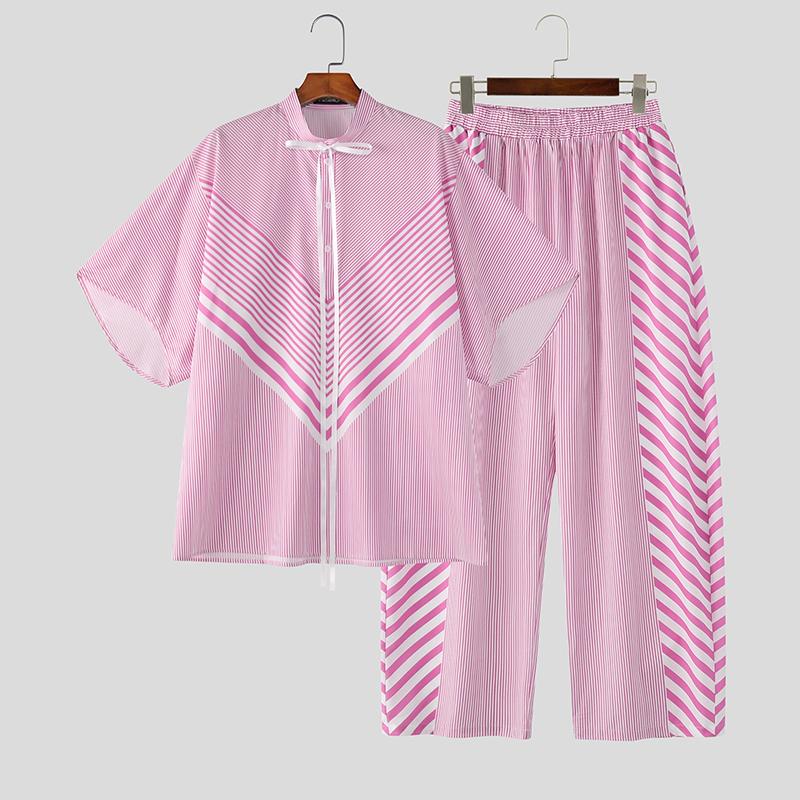INCERUN 2 Stück Sommer Herren Kurzarm Gestreifte Nähte Hemden und Lange Hosen Übergroße Outfits Sets