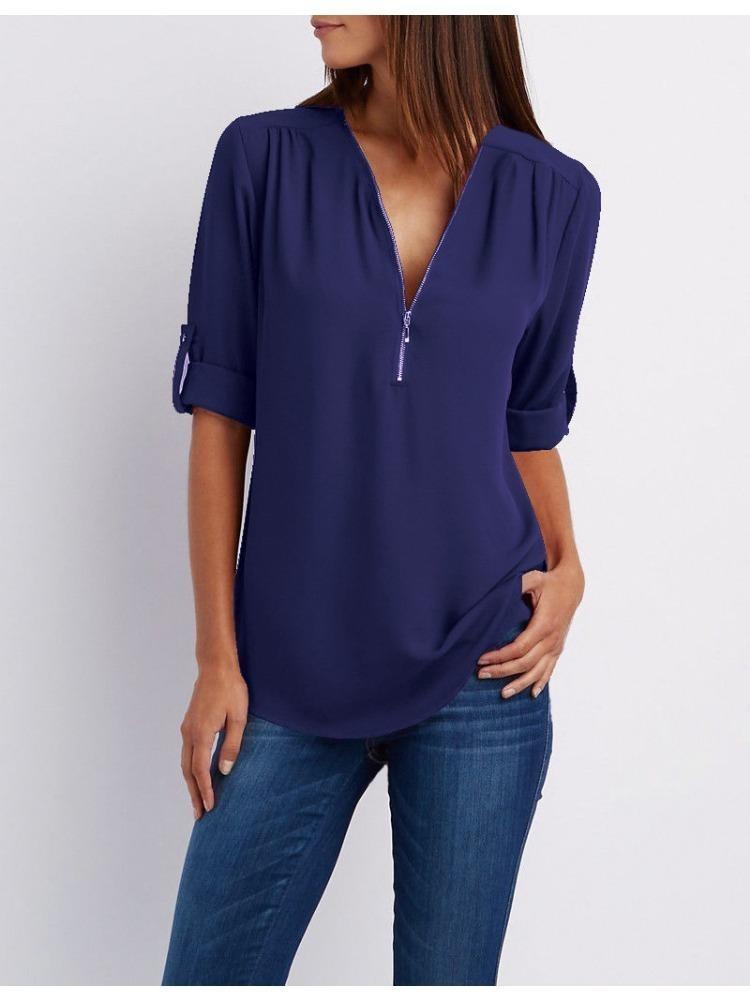 Women's Plus Size Loose Fit V-neck Chiffon Shirt with Long Sleeves and Adjustable Zipper