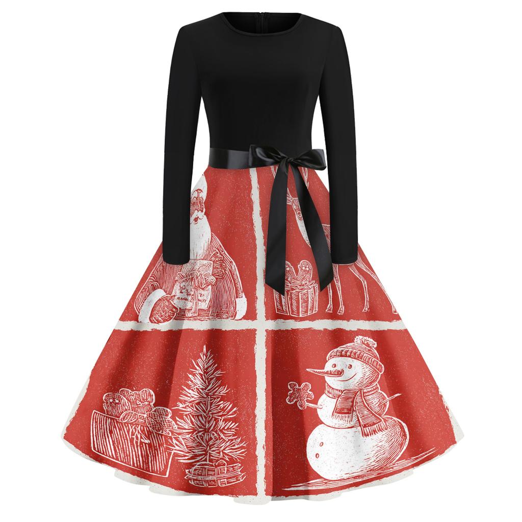 Women's Casual Fashion Round Neck Christmas Printed Vintage Dress