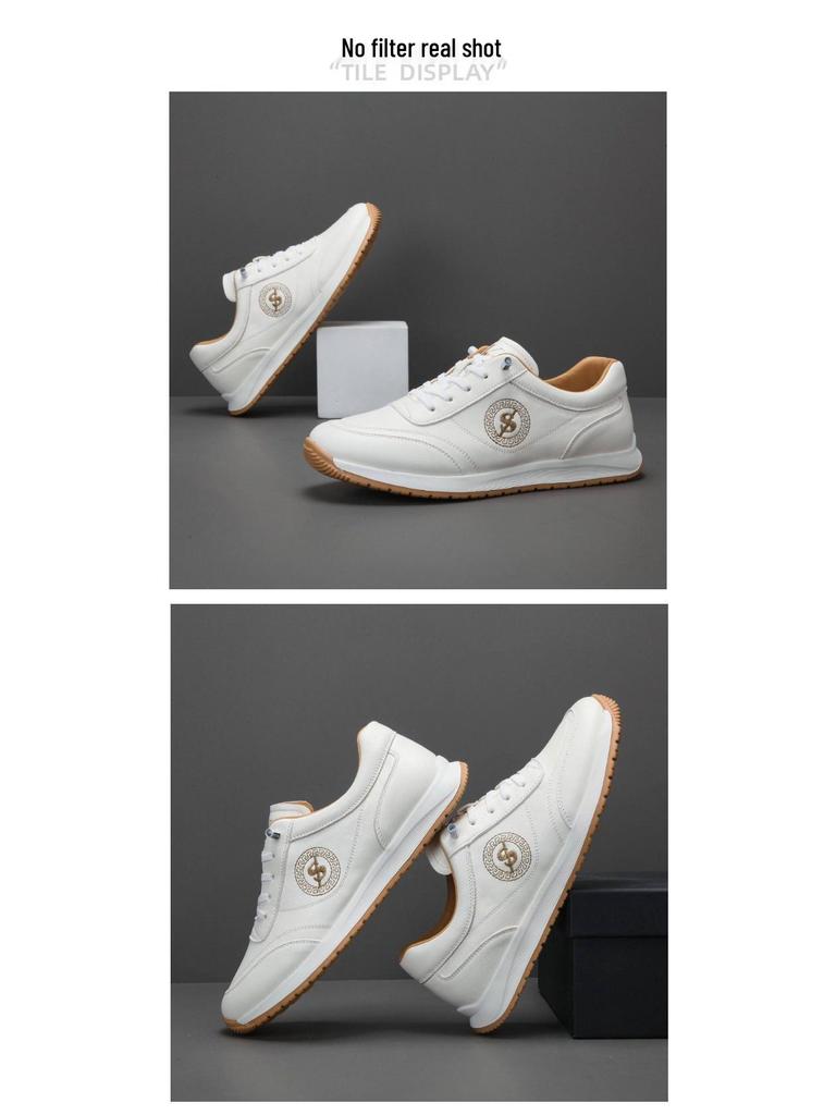 European Men's Genuine Cowhide Leather Casual White Sneakers - Breathable, Non-slip, Outdoor Fitness Shoes