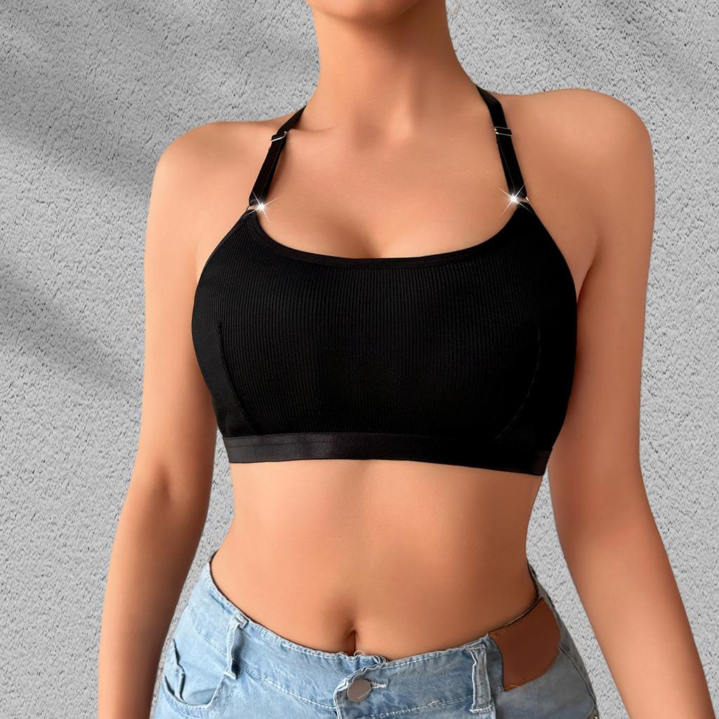 Women Solid Ribbed Halter Adjustable Strap Wireless Casual Bralette