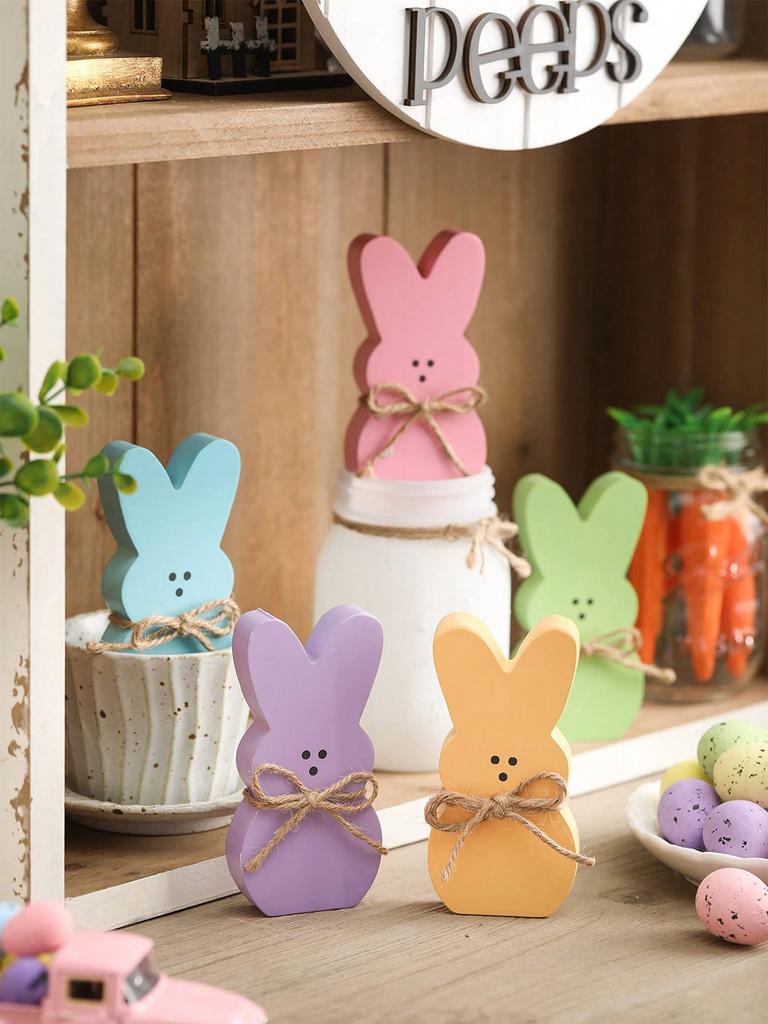 Wooden Bunny Decorative Plates, Multi-Tier Tray Centerpiece, Rabbit Shaped Tabletop Decor With Jute Rope, Independent Decoration For Spring