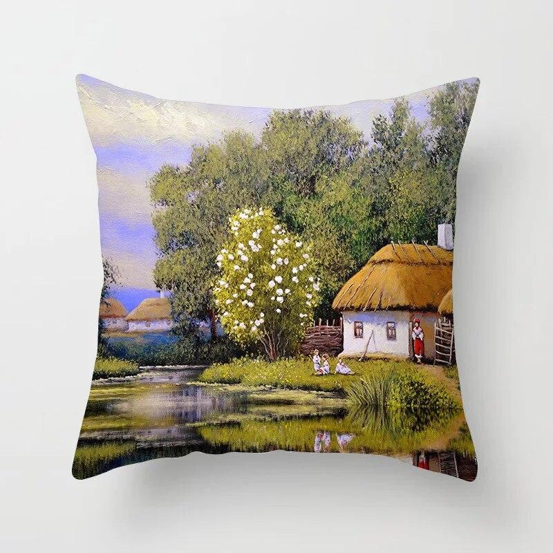 Bedroom Living Room Car Office Pillowcase Country Oil Painting Scenery Pillow Sofa Cushion