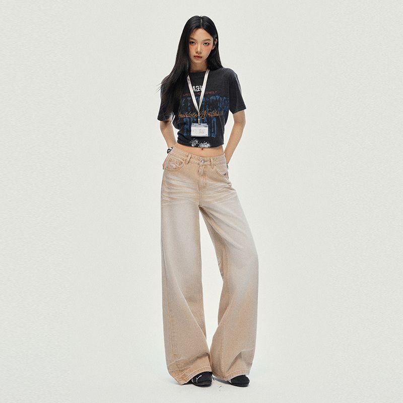 Spring Summer Washed Whisker Khaki Relaxed Straight Floor Wide Leg Denim Pants For Women Casual Pants Oversize Denim Trousers