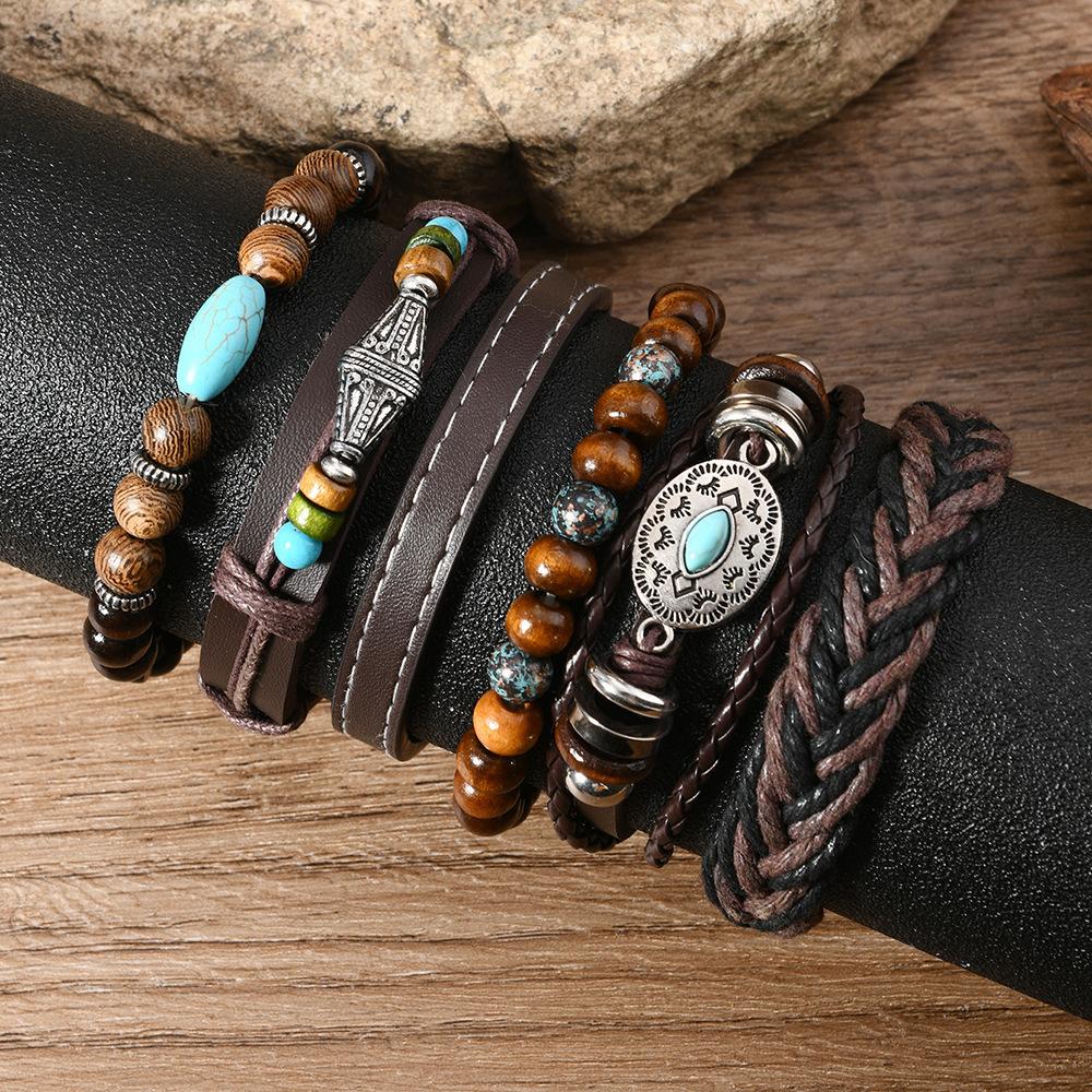 Cross-border beaded bracelet multi-layer vintage devil's eye love feather horn hand-woven multi-piece set