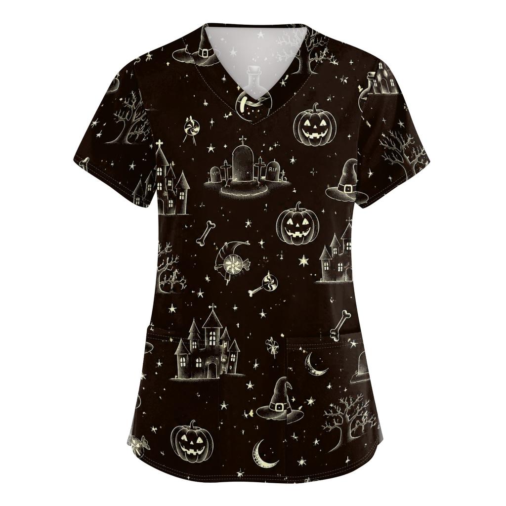 Women Short Sleeve Halloween Print V Neck Pocket Medical Scrub Top Nurse Uniform Shirt Comfortable Fit Durable Fabric