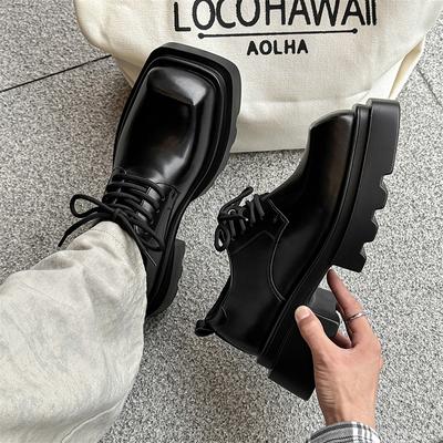 Derby Square Headed Men's Leather Shoes Trendy Minimalist Style Fashion Party Office Outdoor Leisure Youth Thick Soled Shoes Hot