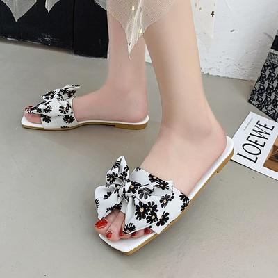 Women's Summer Bow Slippers Fashion Open Toe Flat Bottom Fairy Wind One Word Drag Elegant Generous Outdoor Sandals