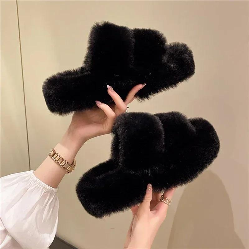 Fashion New Winter Open Toe Slipper Fashion Fur Thick Sole Flats Heel Ladies Casual Slip On Bedroom Shoes Soft Outdoor Slides Shoes