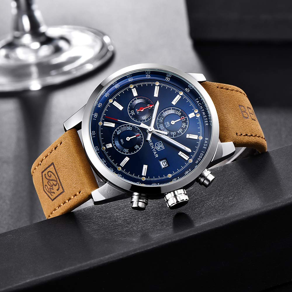 AKNIGHT Watch Genuine Leather Crystal Luminous Date Japanese Instruction Manual Men's - Stylish, Popular, Quartz, Strap, Chronograph, Display,