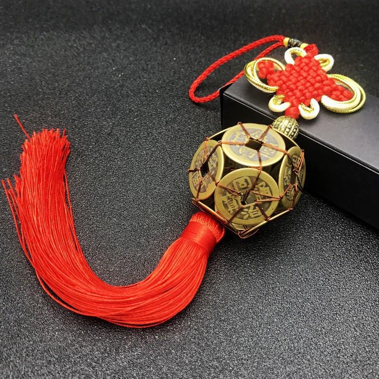 Fu Lu Zhen Zhai Chinese Gourd Pendant with Five Emperors Copper Coins and Gold Edge – Wealth Knot Ornament Gift