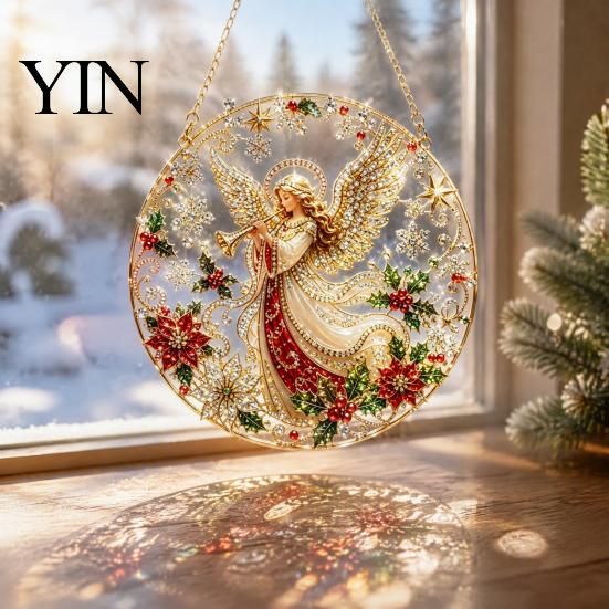 Holiday Art Decoration Christmas Faux Diamond Ornament Kit, Santa Angel Sun Catcher DIY Acrylic Detailed Printed Symbol Design Round Board,