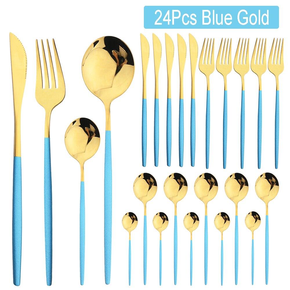 24Pcs Tableware Set Stainless Steel Dinnerware Knife Fork Spoon Dinner Flatware Kitchen Colorful Elegant Black Gold Cutlery Set