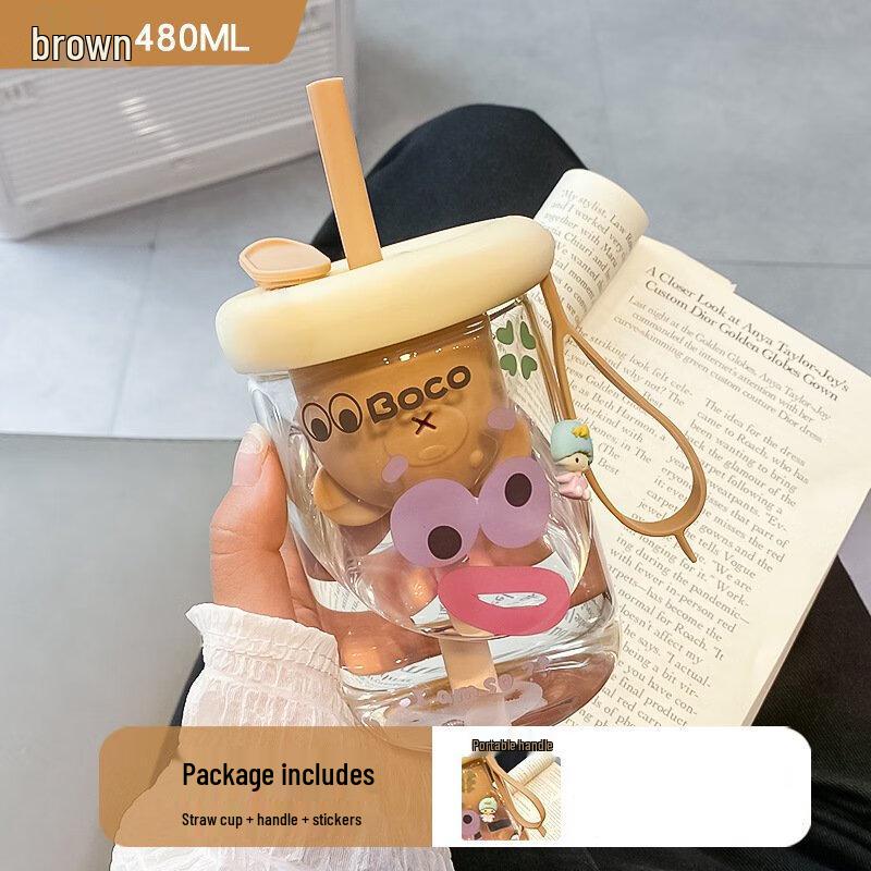 Portable Little Bear Glass Straw Cup