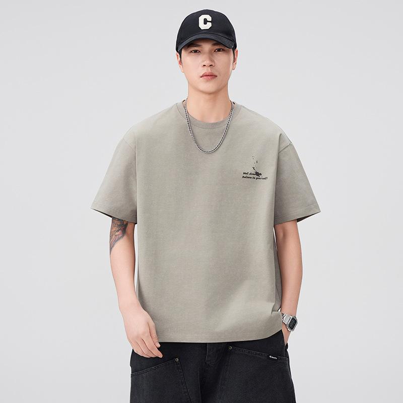 Summer Heavy Pure Cotton Short-sleeved T-shirt for Men's New Hand-painted Printed Loose Round Neck Half-sleeved Top